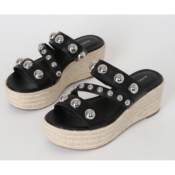 Marc Fisher Shoes - Marc Fisher Black Leather Studded Espadrille Platform Wedge Sandals Size‎